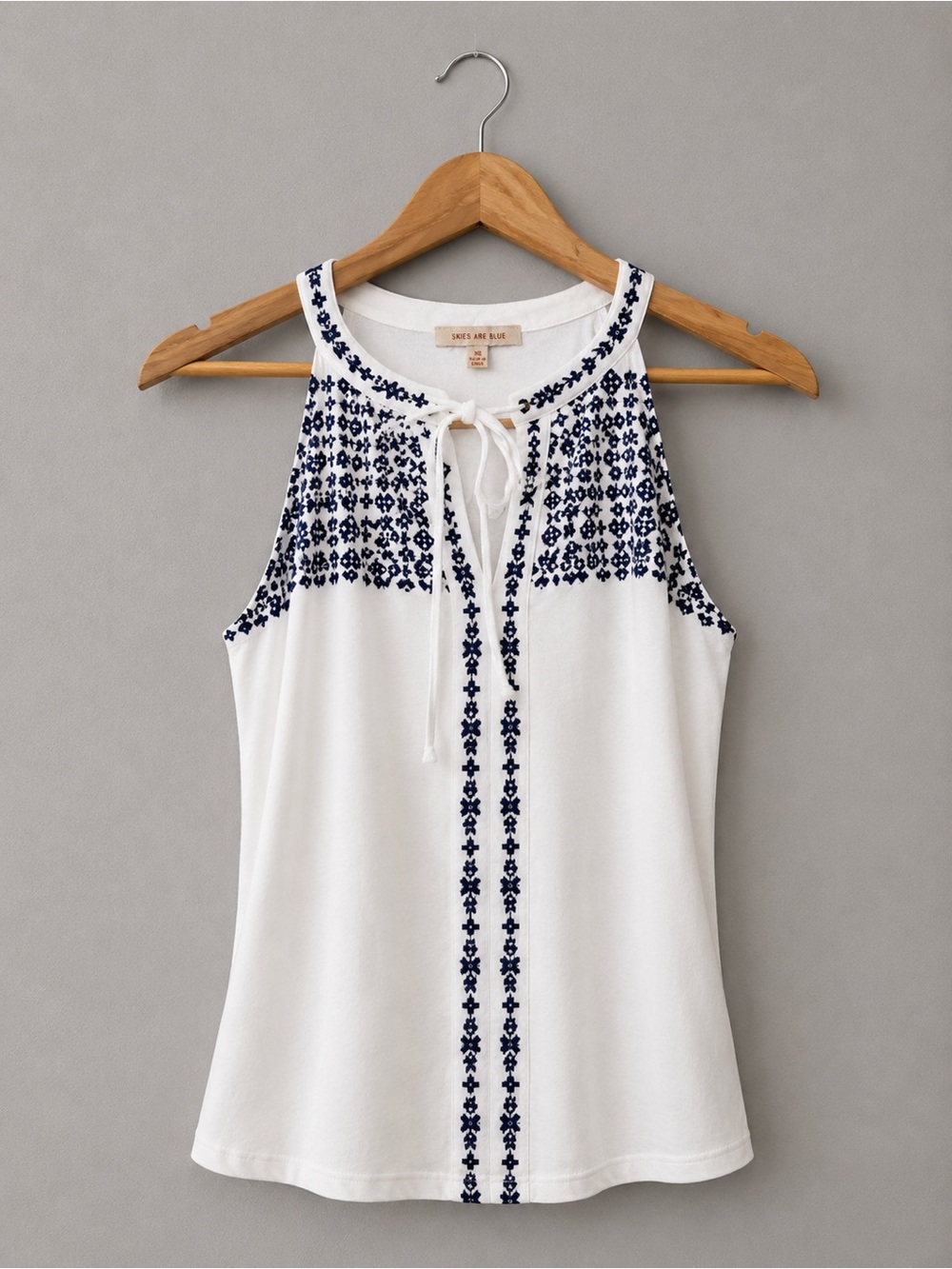 Skies Are Blue White Sleeveless Embroidered Tie-Neck Tank